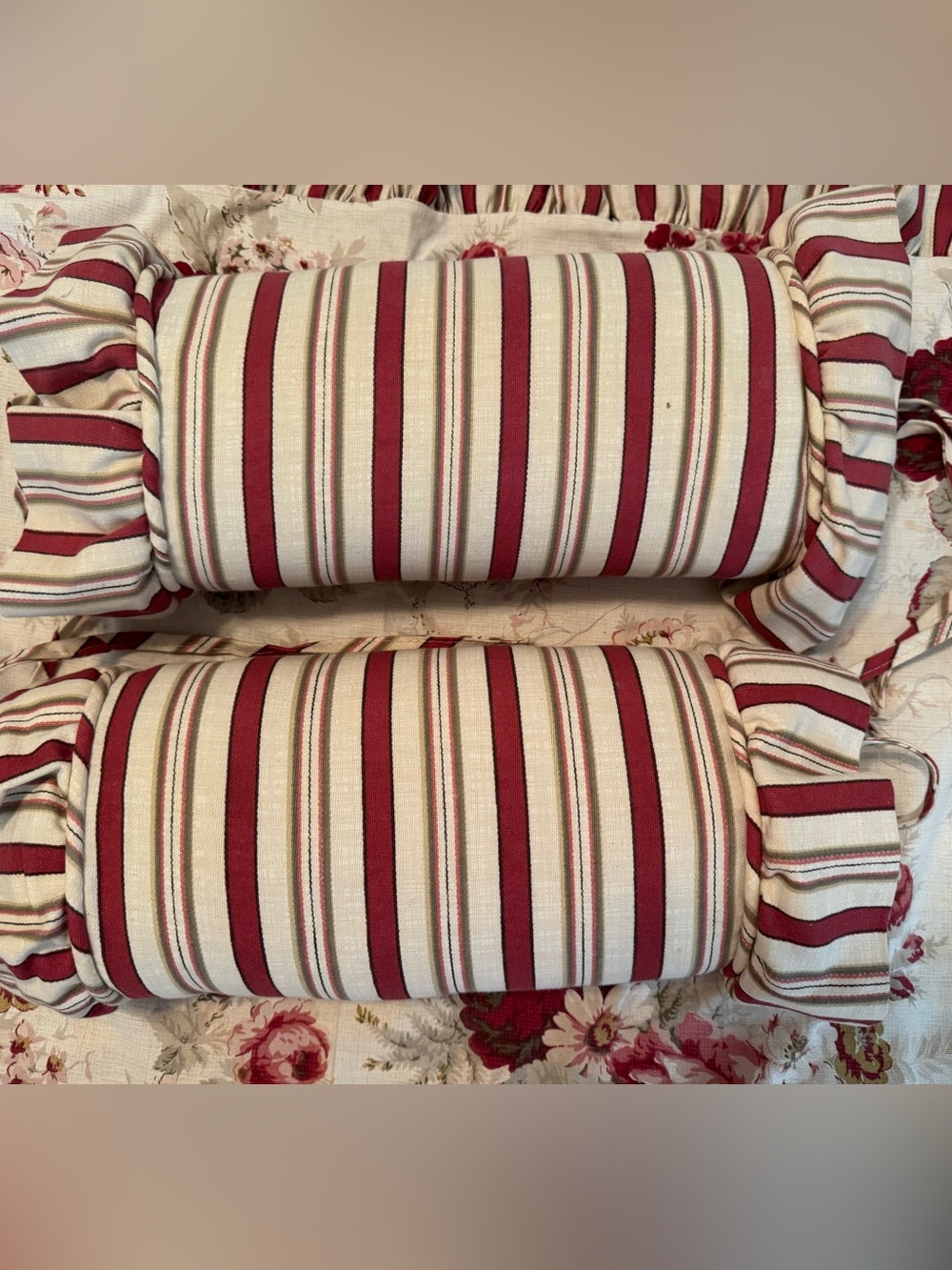 Vintage Waverly Norfolk Rose Ticking Stripe Bolster Pillows - Set of 2 (18")